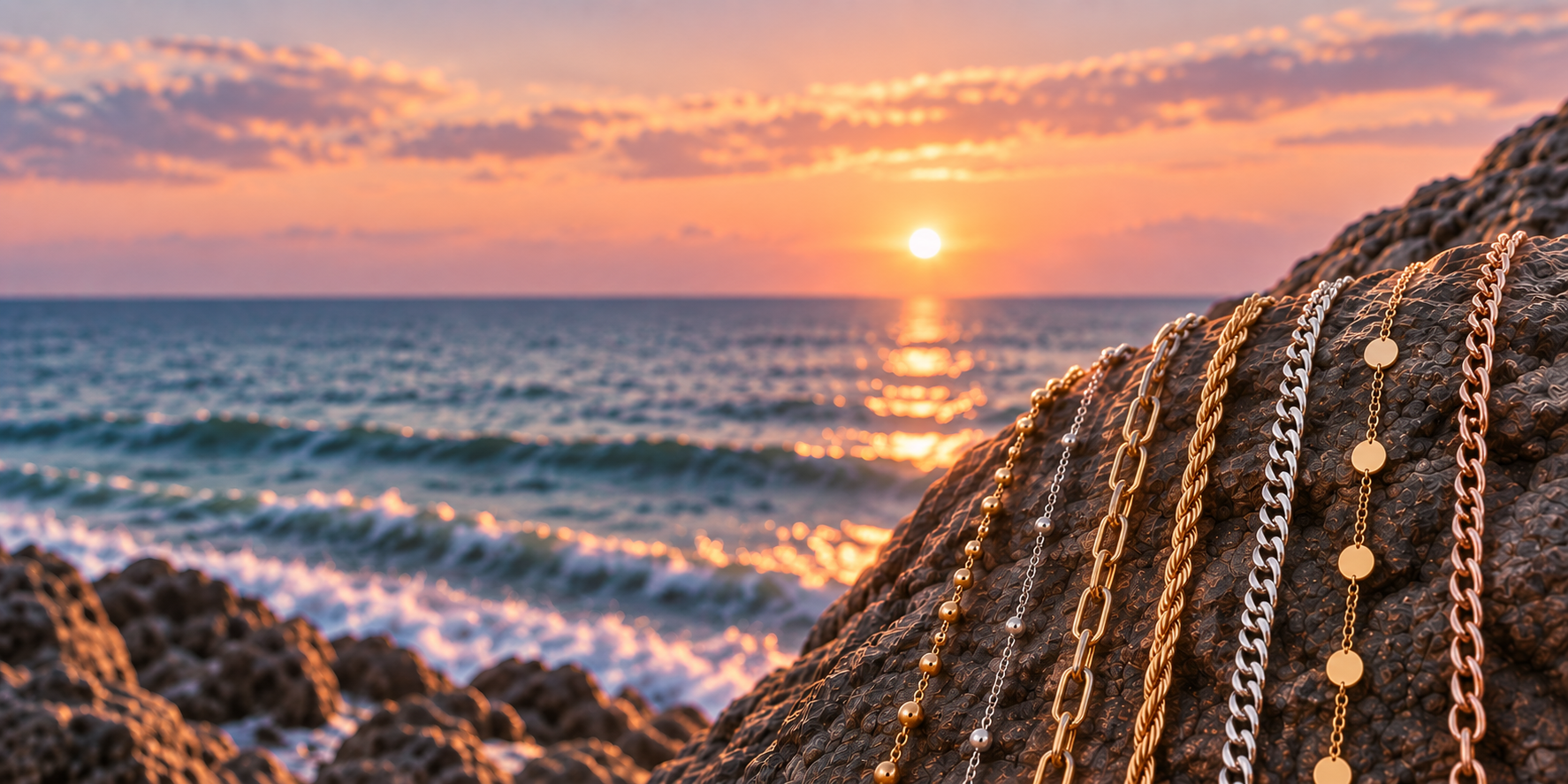 Gold, silver, and rose-gold permanent jewelry chains displayed on a seaside rock at sunset